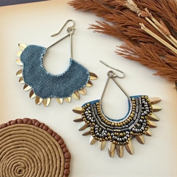 🆕 Indian Artisan Beaded Fan Drop Earrings Gold Brass Boho Festival Statement - Picture 6 of 13